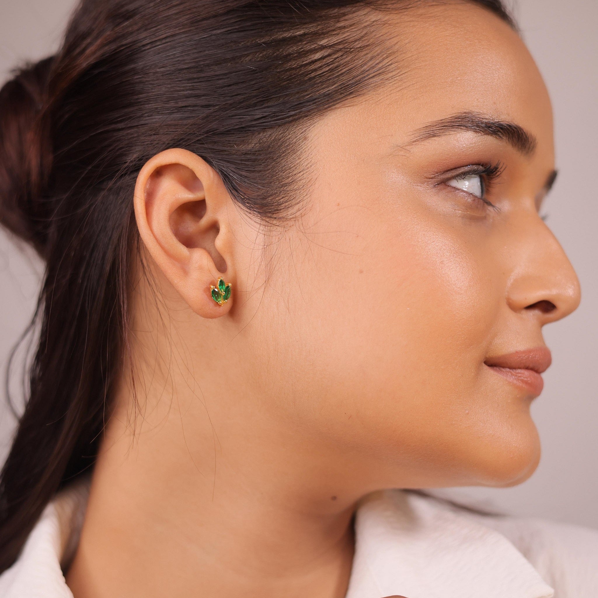 92.5 Sterling Silver CZ Stone Light Weight Gold Plated Cluster Leaf Design Earrings For Women By Kesardeep